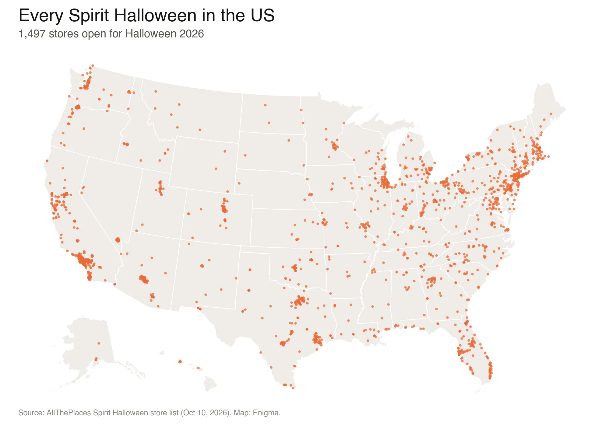 Dot map of all 1,497 Spirit Halloween stores in the U.S. for Halloween 2026, with clusters around major metros including Los Angeles, Houston, Dallas, Chicago, New York, Boston and South Florida.